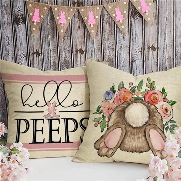 Easter Throw Pillow Covers Decorative Bunny Accent Cases Cottage Spring Decor - Picture 3 of 6